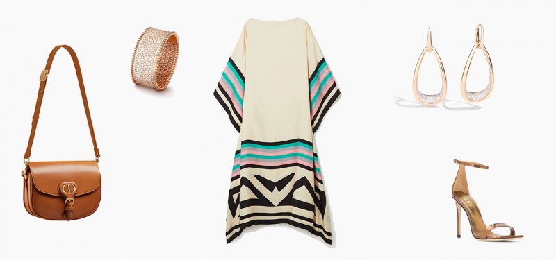 <strong>Look 6</strong><br />
Louisa Paris abaya<br /> <em>Via Net-a-Porter</em><br />
Paris Texas sandals<br /> <em>Via Farfetch.com</em><br />
Dior, Bobby bag<br />
Van Cleef & Arpels, Perlée cuff<br />
Pomellato, Fantina earrings
