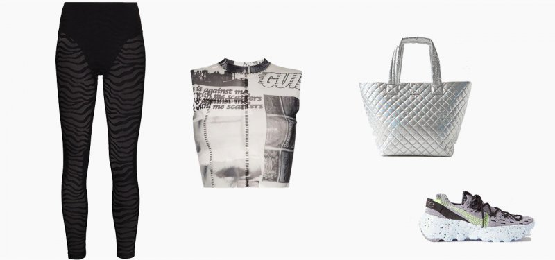 <strong>Look 6</strong><br /> <strong>Adam Selman Sport</strong> legging<br /> <em>Via Farfetch.com</em><br /> <strong>Danielle Guizio</strong> bra<br /> <em>Via Farfetch.com</em><br /> <strong>Nike</strong> sneakers<br /> <em>Via Net-a-Porter</em><br /> <strong>MZ Wallace</strong> tote<br /> <em>Via Net-a-Porter</em>