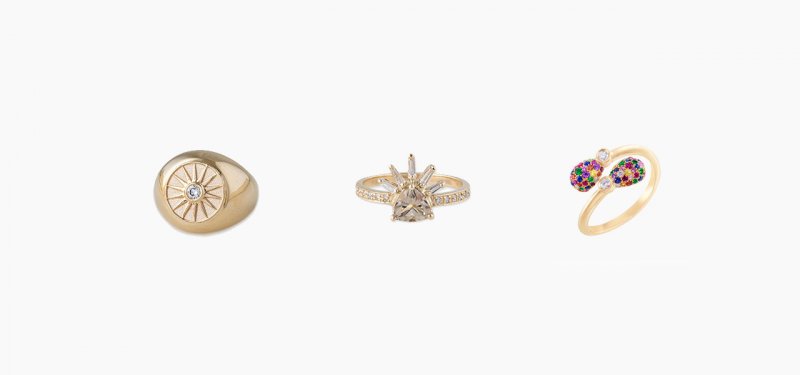 <strong>Set 1</strong><br />
Jacquie Aiche’s Baguette Burst ring on your thumb or index<br />
Fabergé’s Emotion Crossover ring on your middle finger<br />
Jacquie Aiche’s Nautical Vintage ring on your pinky
